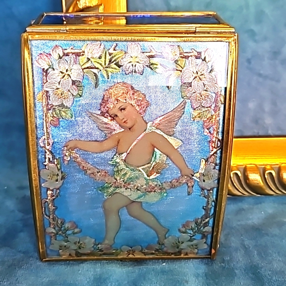 Vintage 1990s Vermont trinket box with dancing Angel, blue glass